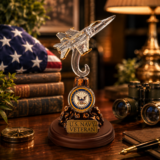 Handcrafted U.S. Navy Veteran F-18 Fighter Jet figurine with decorative base and gold accents