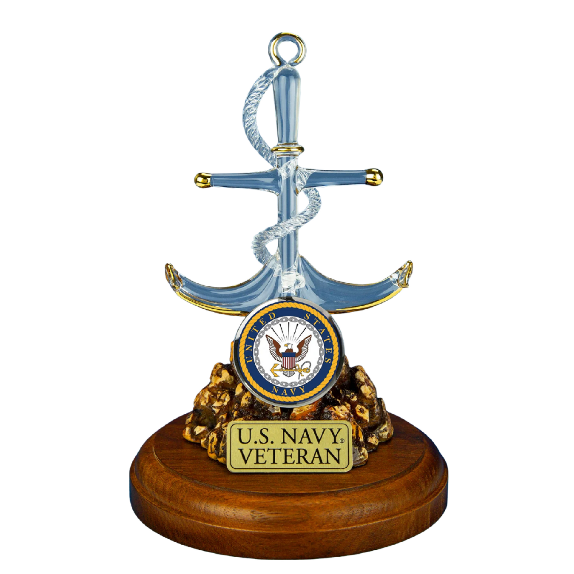 Handcrafted glass U.S. Navy Veteran anchor figurine with 22Kt gold accents and embossed plaque