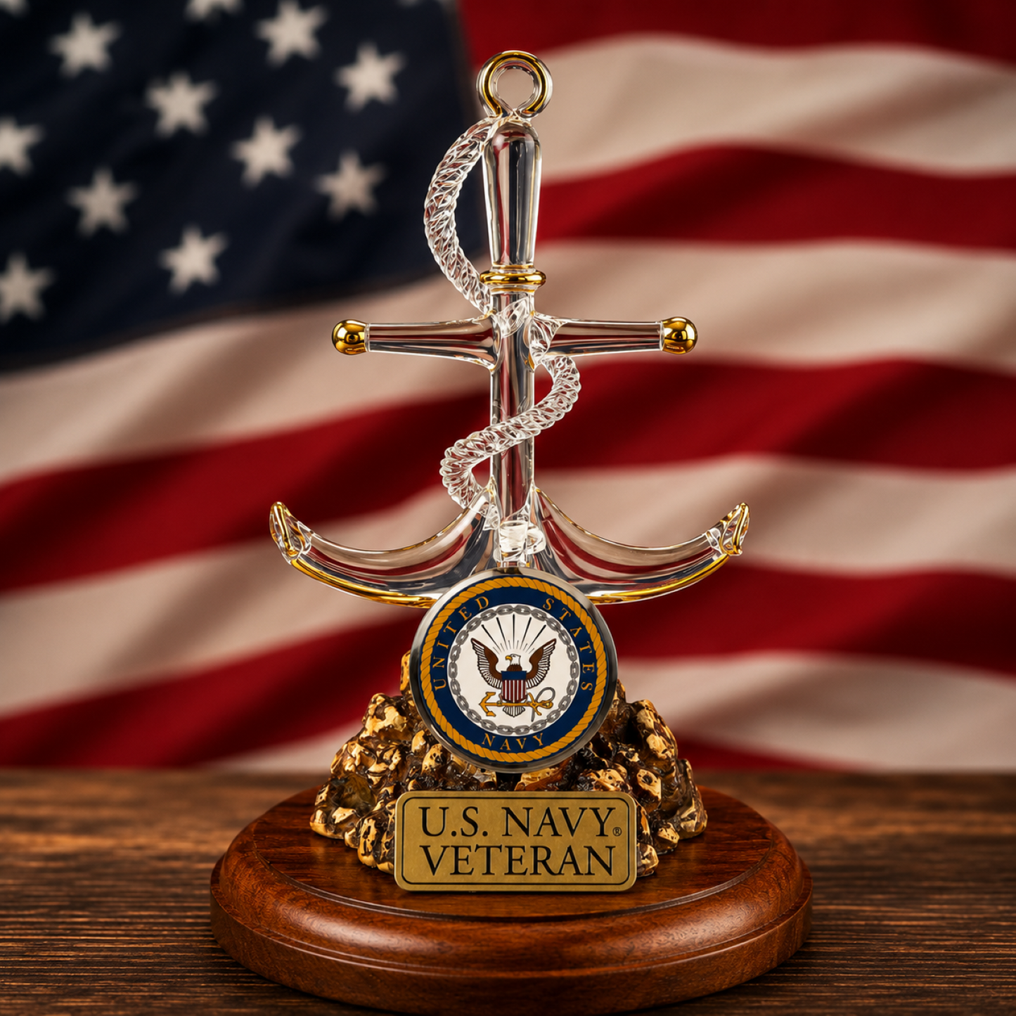 Official U.S. Navy Veteran handcrafted glass anchor figurine with 22Kt Gold accents mounted on a decorative wooden base with Navy Veteran plaque.