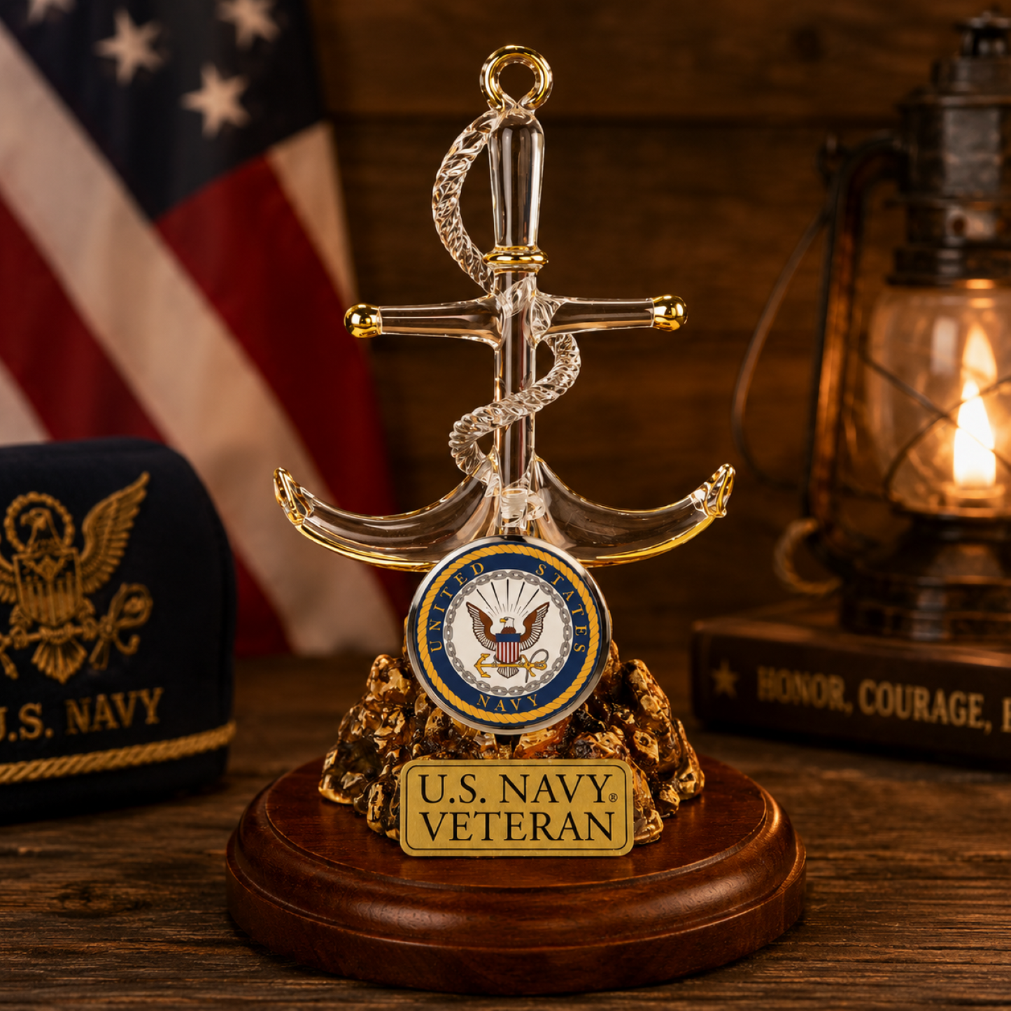 Navy Veteran Gift | U.S. Navy Anchor Glass Figurine Military Decor