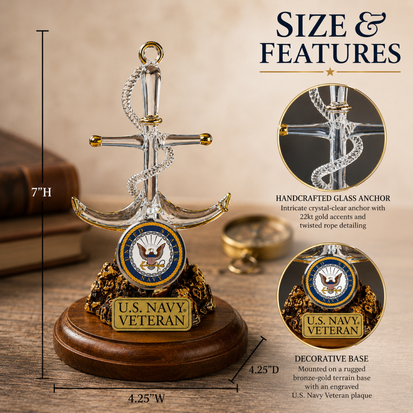 Navy Veteran Gift | U.S. Navy Anchor Glass Figurine Military Decor