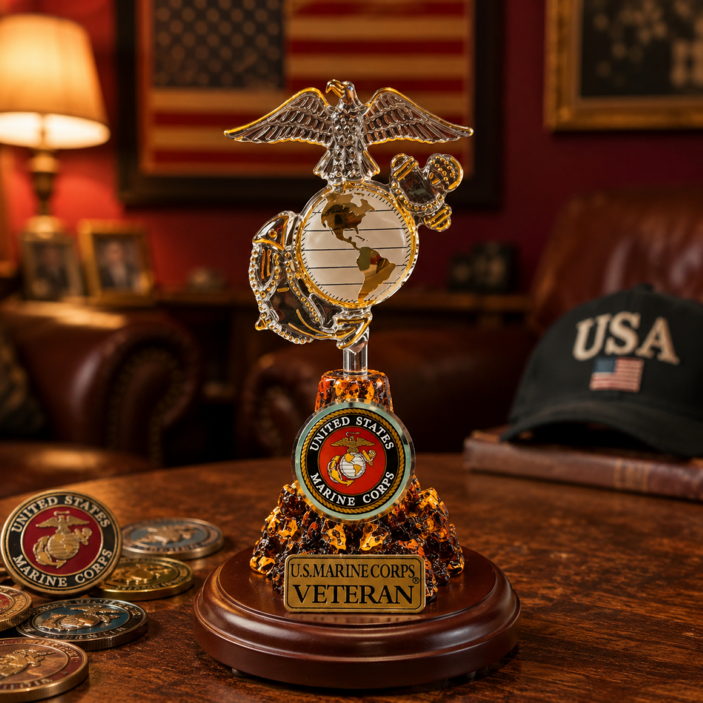 U.S. Marine Corps Veteran Eagle Globe and Anchor Handcrafted Glass Figurine | Military Marine Gift Decor