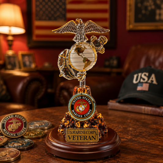U.S. Marine Corps Veteran Eagle Globe and Anchor Handcrafted Glass Figurine | Military Marine Gift Decor