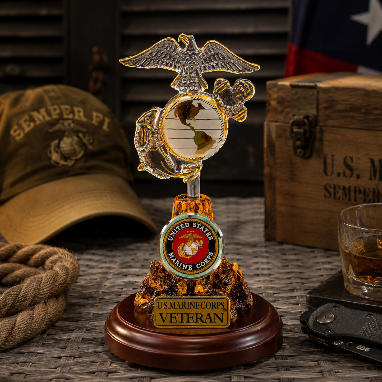U.S. Marine Corps Veteran Eagle Globe and Anchor Handcrafted Glass Figurine | Military Marine Gift Decor