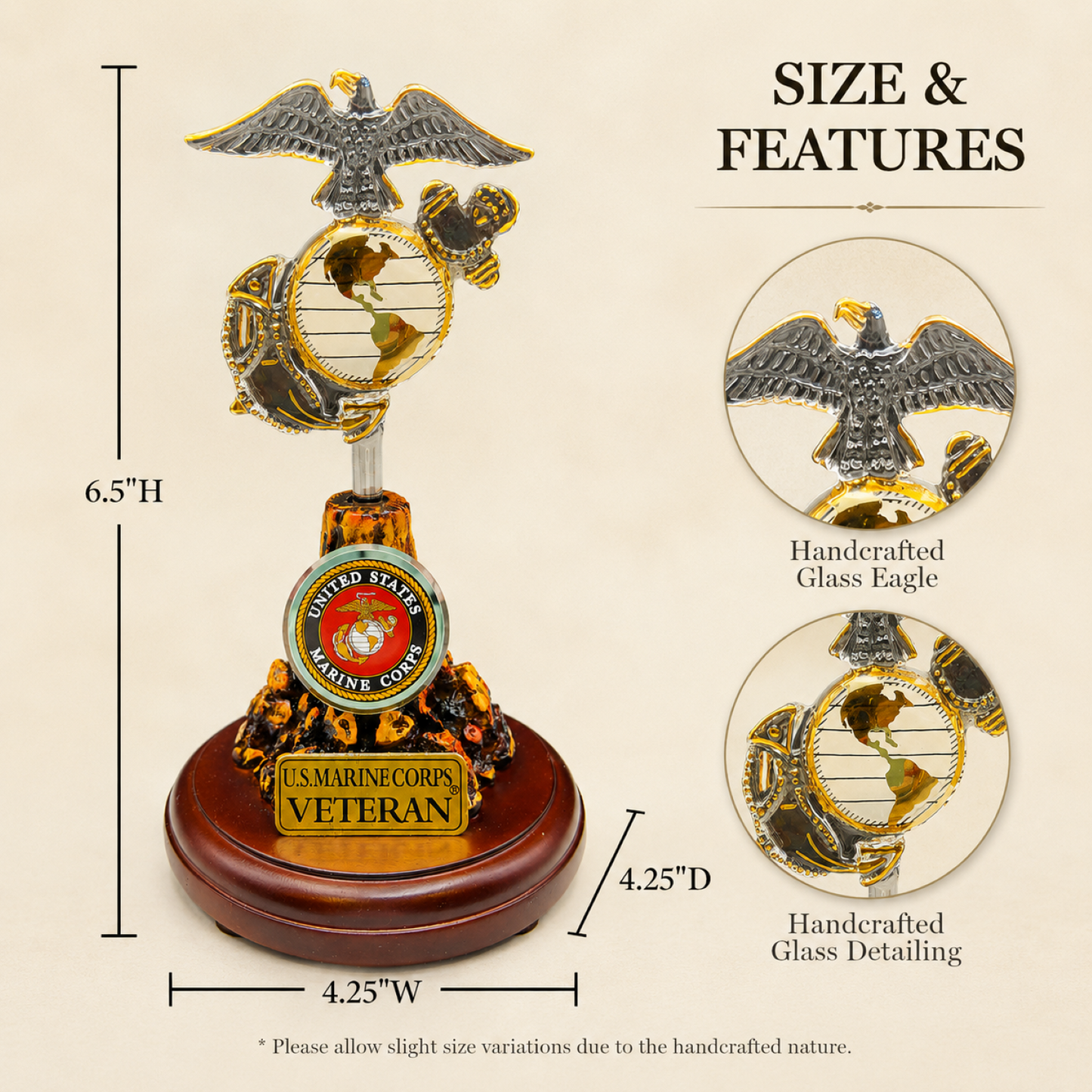 U.S. Marine Corps Veteran Eagle Globe and Anchor Handcrafted Glass Figurine | Military Marine Gift Decor