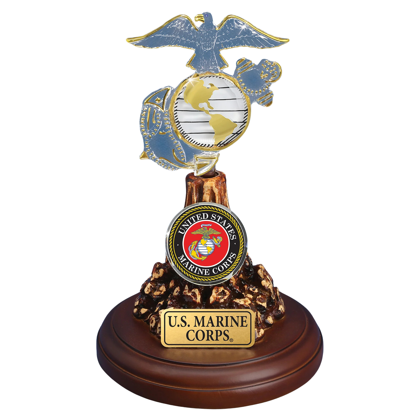 Official U.S. Marine Corps Eagle Globe and Anchor glass figurine on decorative base
