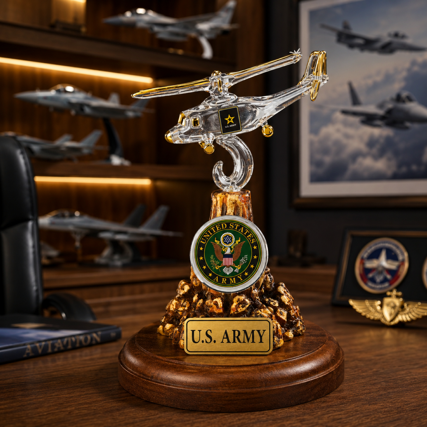 U.S. Army Helicopter Glass Figurine Gift | Military Aviation Collectible Decor