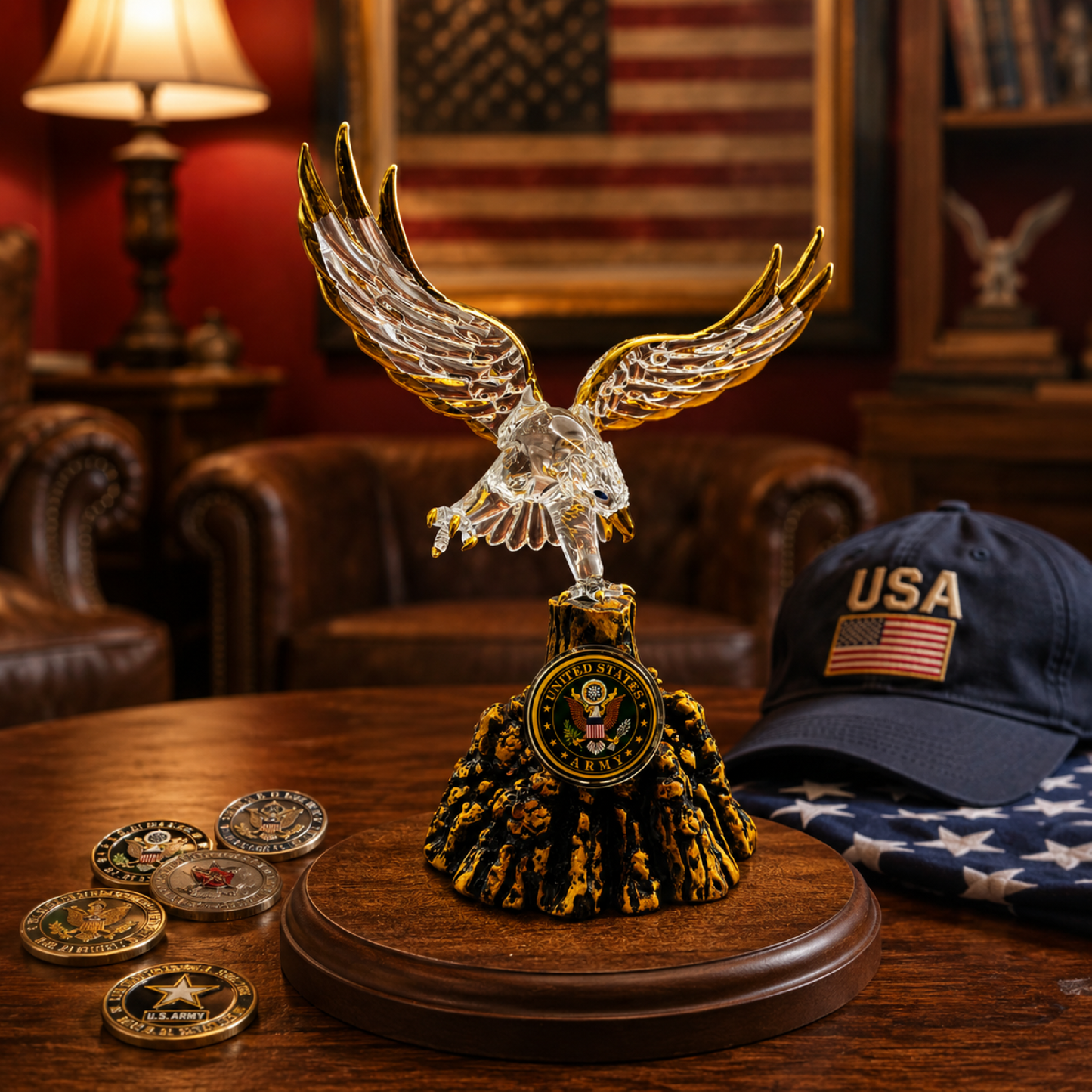 U.S. Army Eagle Glass Statue Official Licensed Military Gift on Walnut Base