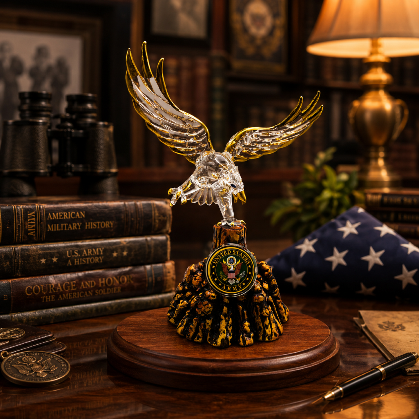 U.S. Army Eagle Glass Statue Official Licensed Military Gift on Walnut Base