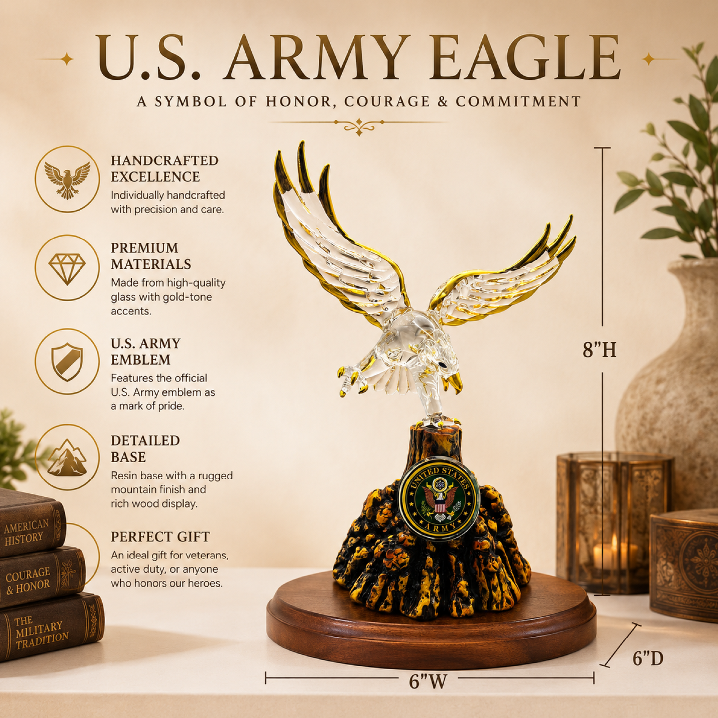 U.S. Army Eagle Glass Statue Official Licensed Military Gift on Walnut Base