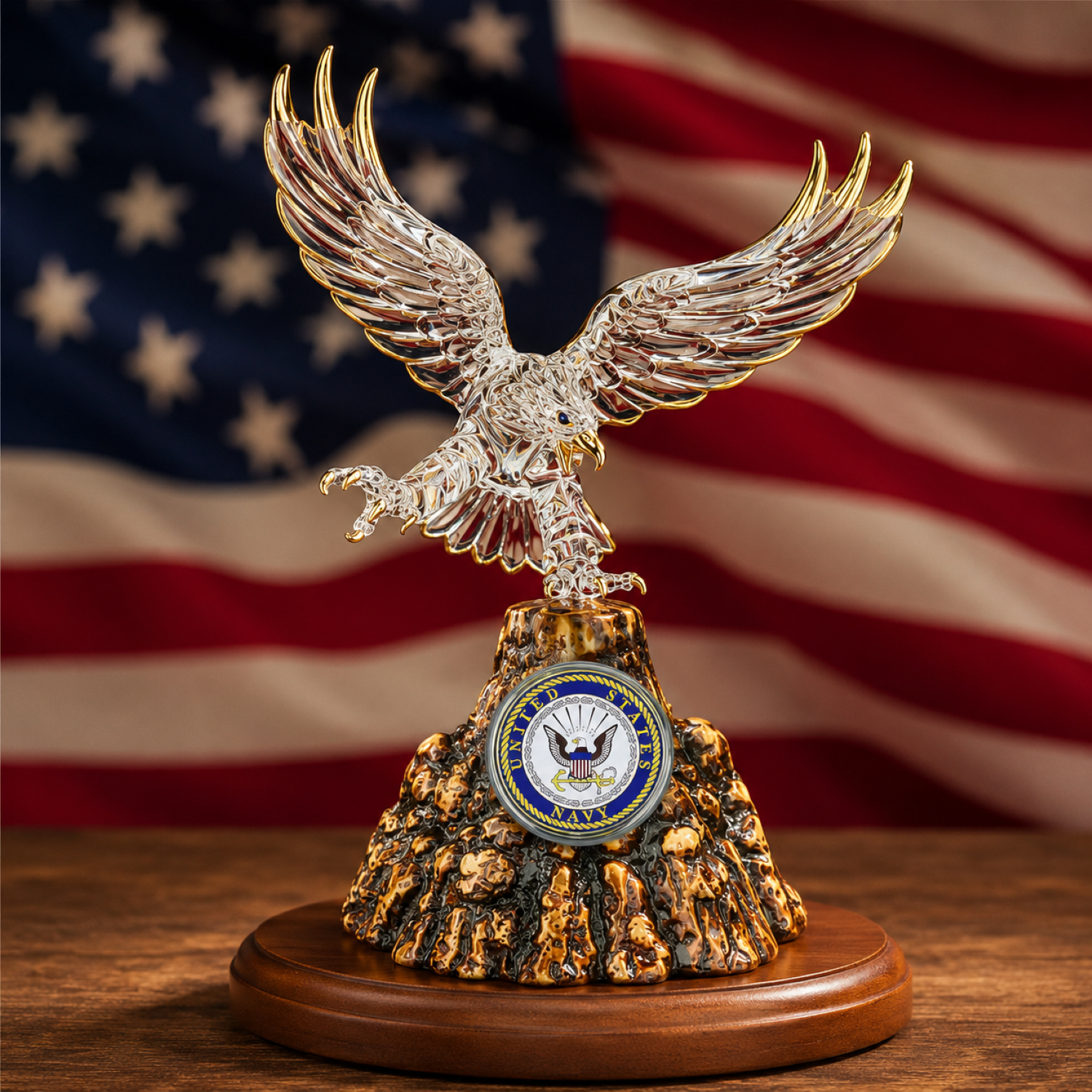 Official U.S. Navy handcrafted glass eagle figurine with outstretched wings, genuine crystals, 22Kt Gold accents, mountain pedestal, and walnut wood base.