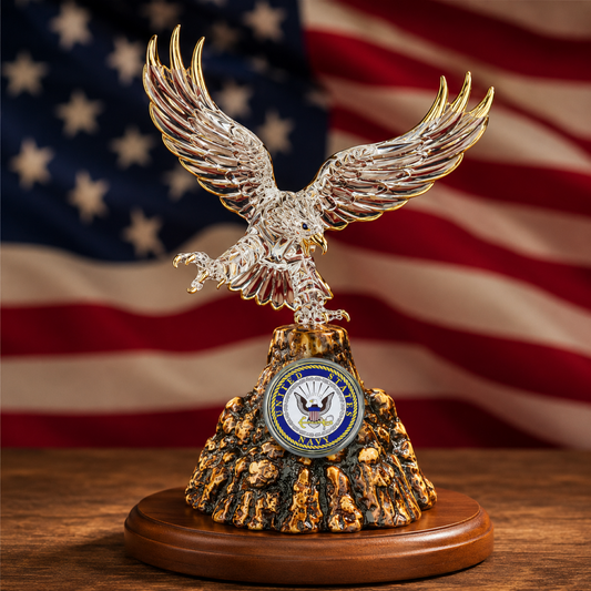 Official U.S. Navy handcrafted glass eagle figurine with outstretched wings, genuine crystals, 22Kt Gold accents, mountain pedestal, and walnut wood base.