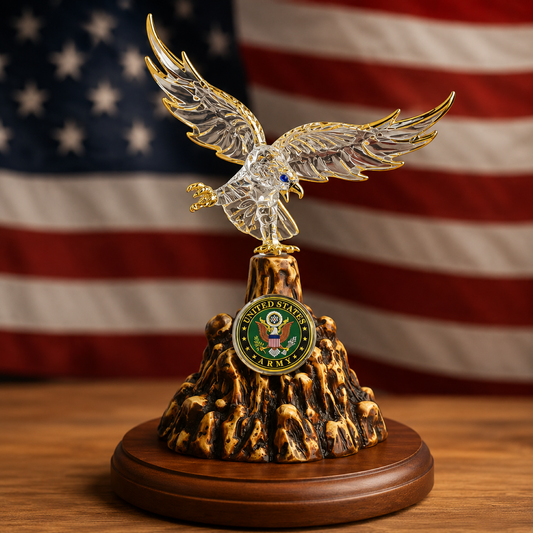 Official U.S. Army handcrafted glass eagle figurine with outstretched wings, genuine crystals, 22Kt Gold accents, mountain pedestal, and walnut wood base.