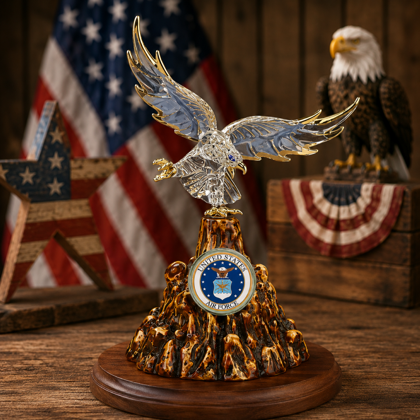 Handcrafted U.S. Air Force glass eagle figurine with crystal and gold accents mounted on a solid walnut wood base with official Air Force emblem.