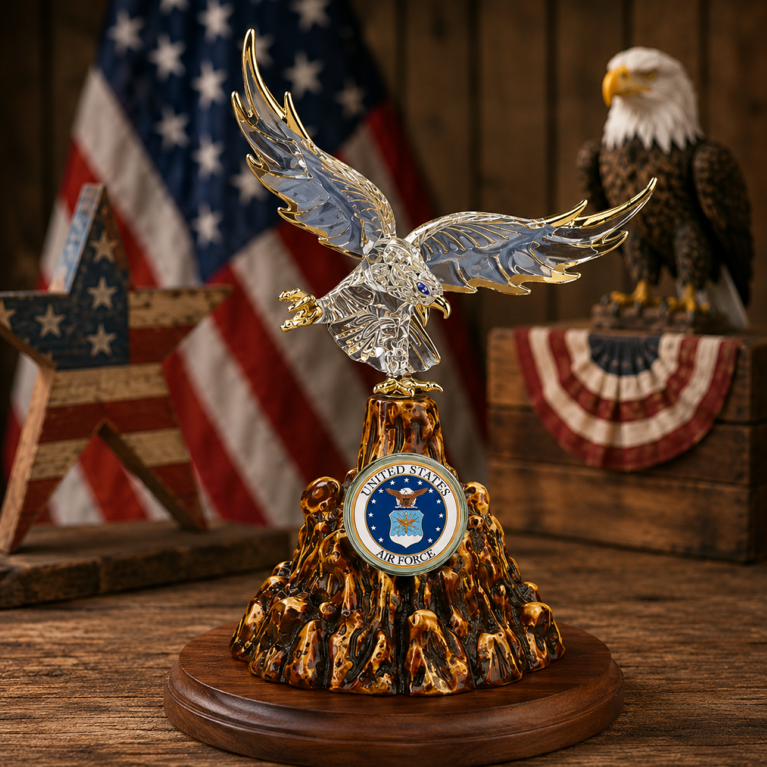 Handcrafted U.S. Air Force glass eagle figurine with crystal and gold accents mounted on a solid walnut wood base with official Air Force emblem.