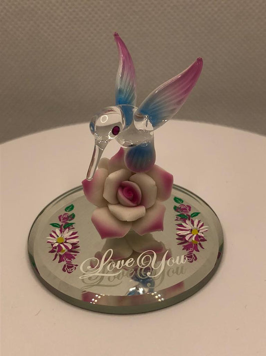 Glass Baron Hummingbird with Pink Flower Collectible Figurine