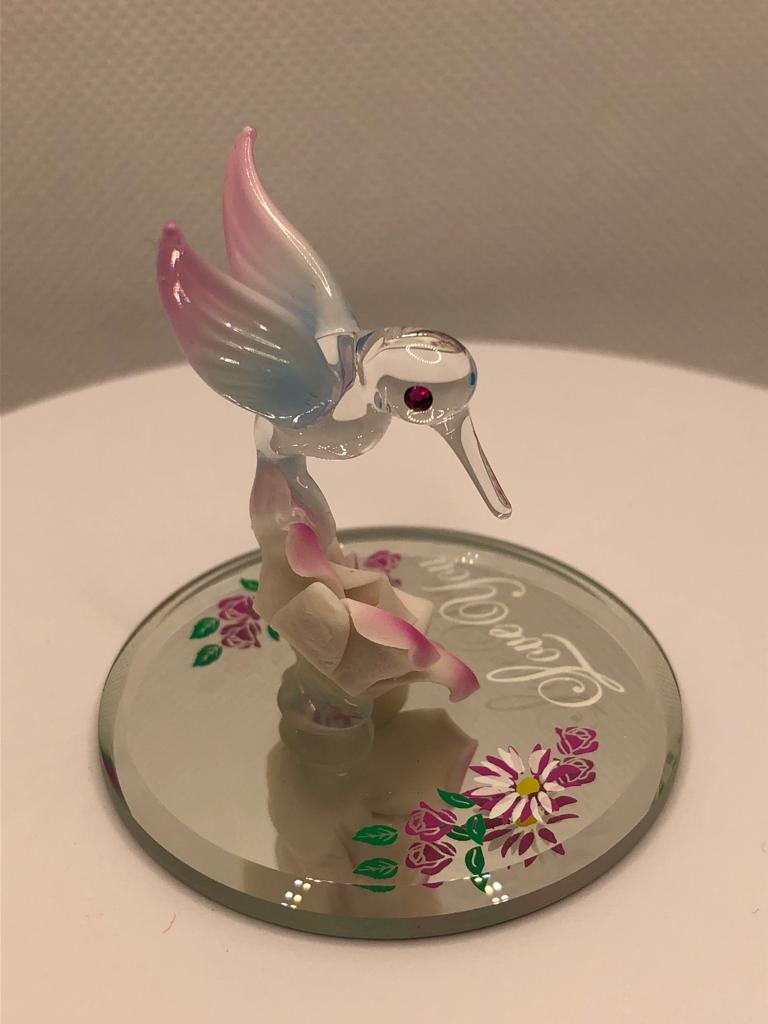 Glass Baron Hummingbird with Pink Flower Collectible Figurine