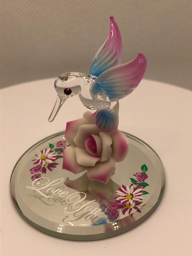 Glass Baron Hummingbird with Pink Flower Collectible Figurine