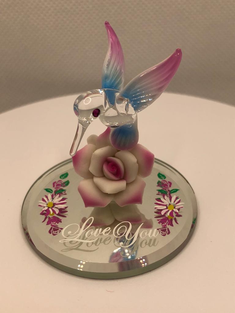 Glass Baron Hummingbird with Pink Flower Collectible Figurine