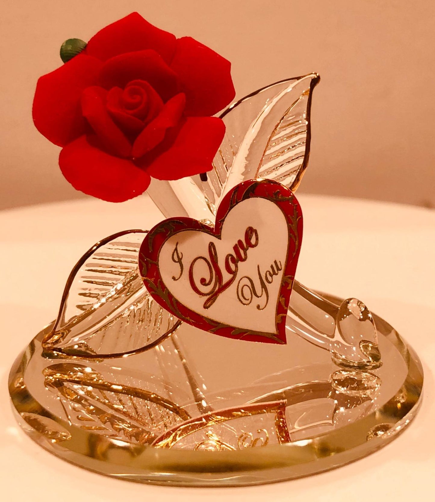 Red Glass Rose Figurine I Love You Gift with Gold Accents