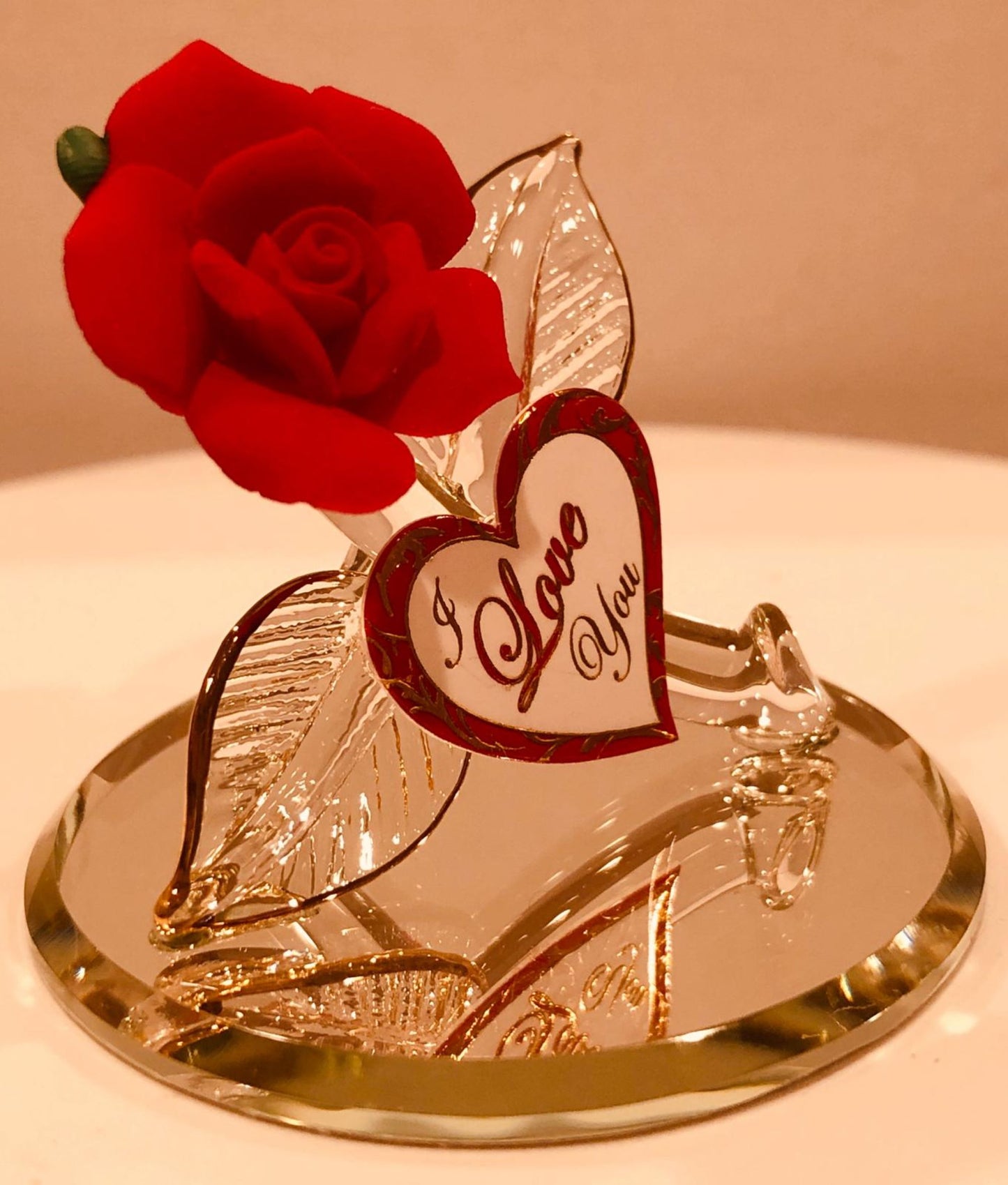 Red Glass Rose Figurine I Love You Gift with Gold Accents