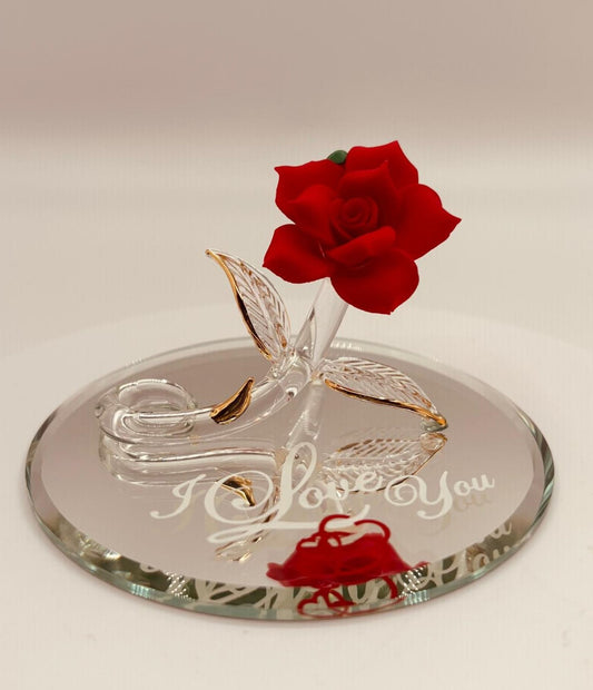 Handcrafted glass red rose on beveled mirror base