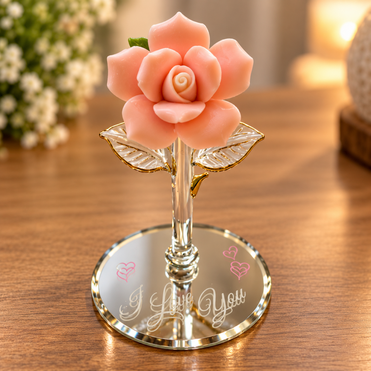 Handcrafted glass rose figurine with detailed petals, clear glass leaves, and I Love You message on mirrored base