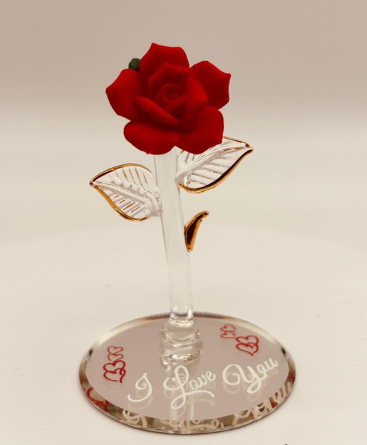 Handcrafted red glass rose on beveled mirror base with 22Kt gold accents and “I Love You” sentiment