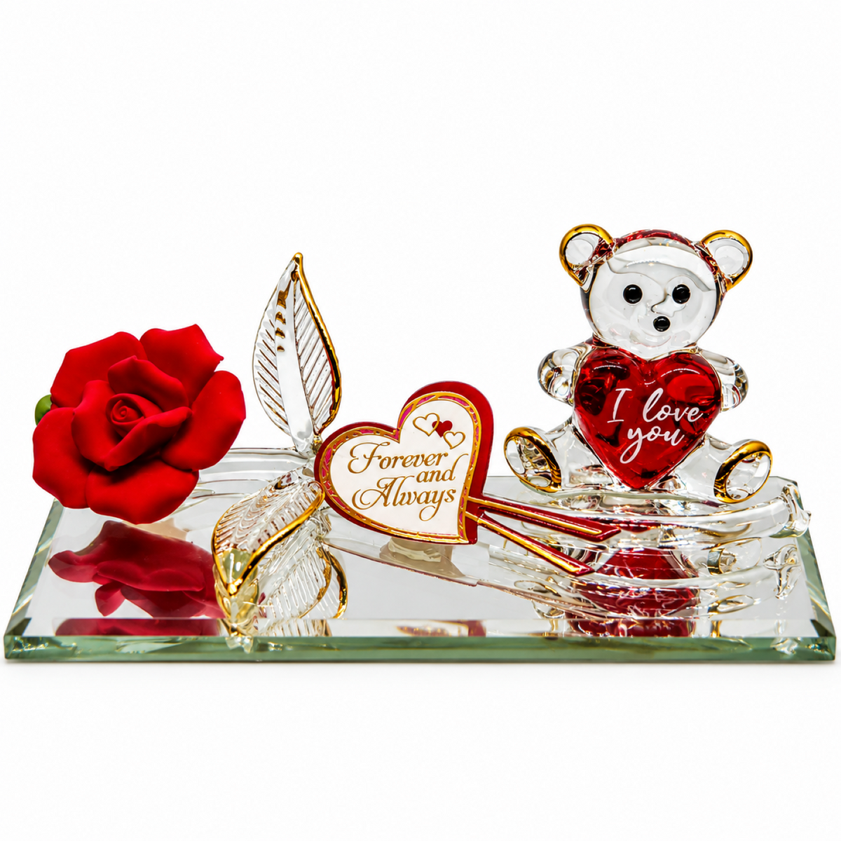 Rose and Bear Figurine Handcrafted Romantic Gift, Anniversary Decor