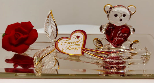 Glass Bear Figurine with Red Rose on Mirror Forever and Always I Love You Gift