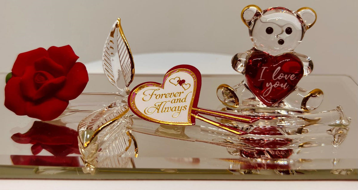 Rose and Bear Figurine Handcrafted Romantic Gift, Anniversary Decor