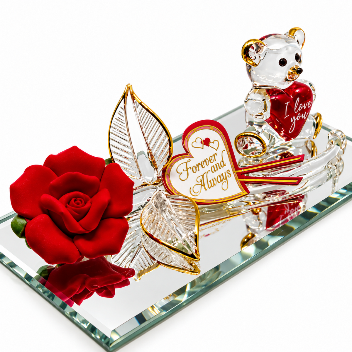 Rose and Bear Figurine Handcrafted Romantic Gift, Anniversary Decor