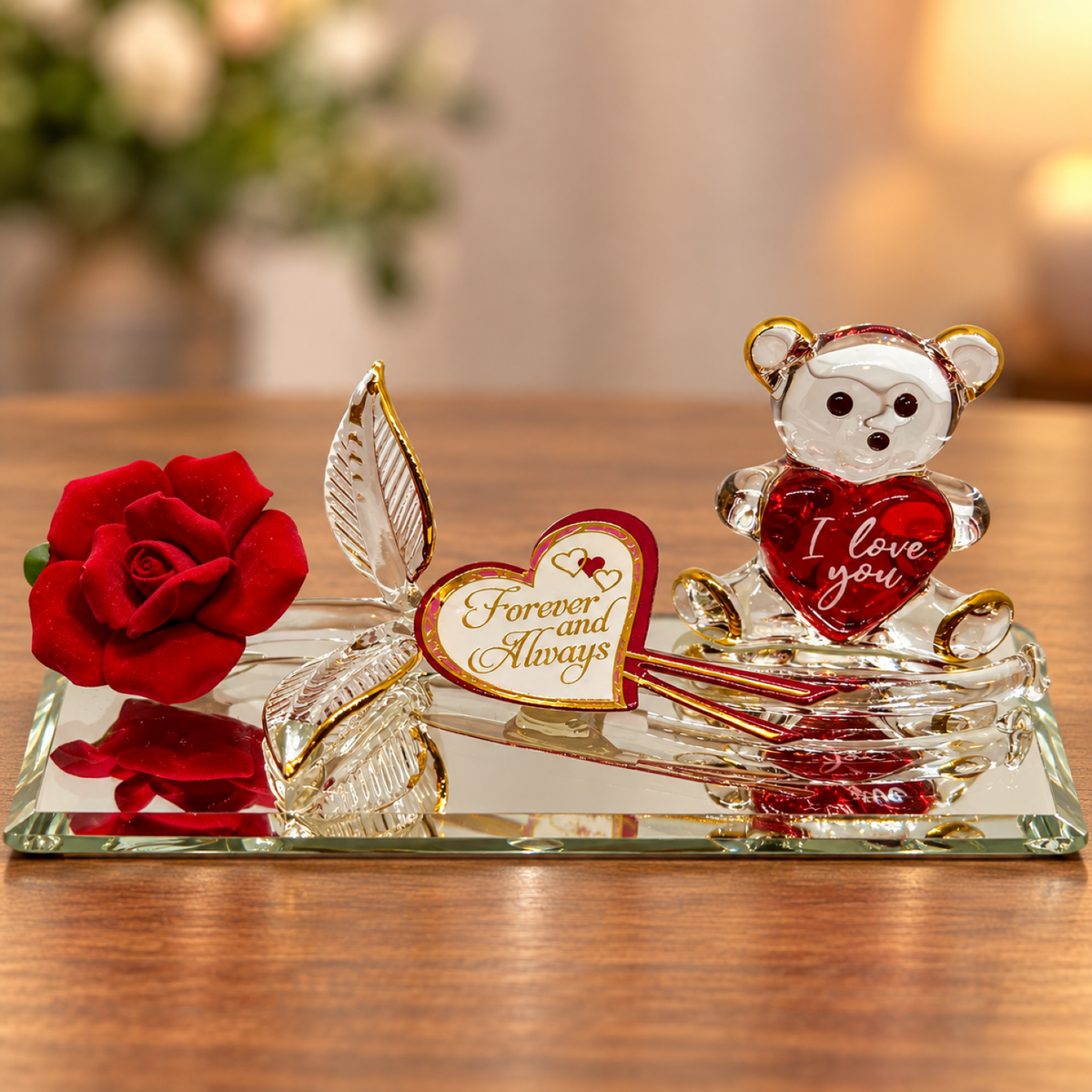 Handcrafted glass red rose and I Love You bear figurine with heart on a beveled glass mirror