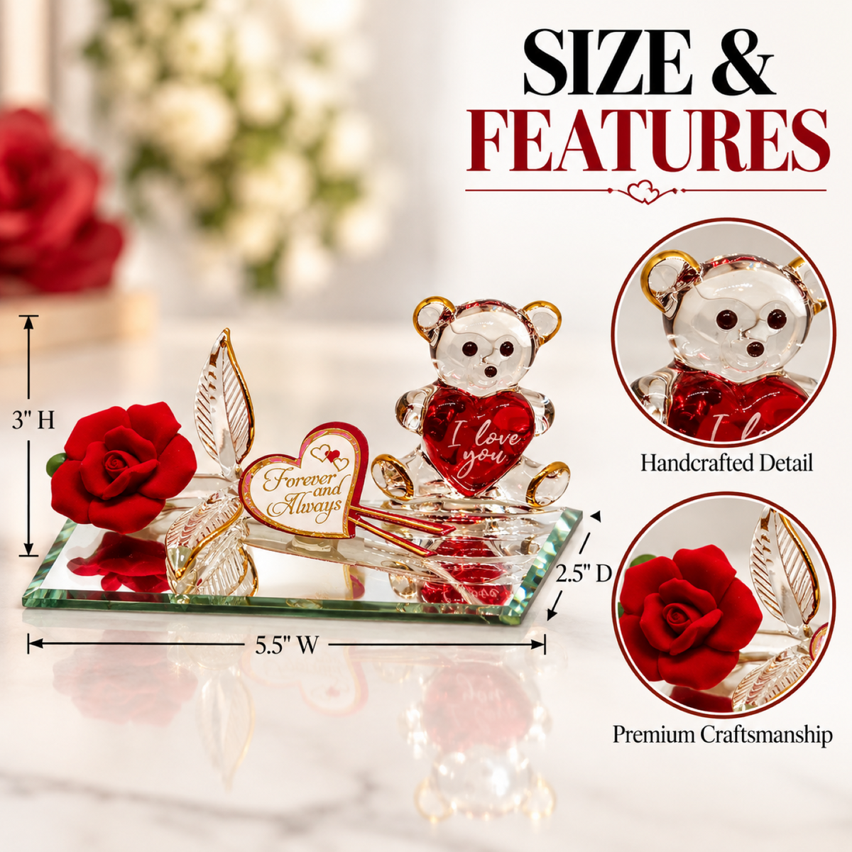 Rose and Bear Figurine Handcrafted Romantic Gift, Anniversary Decor
