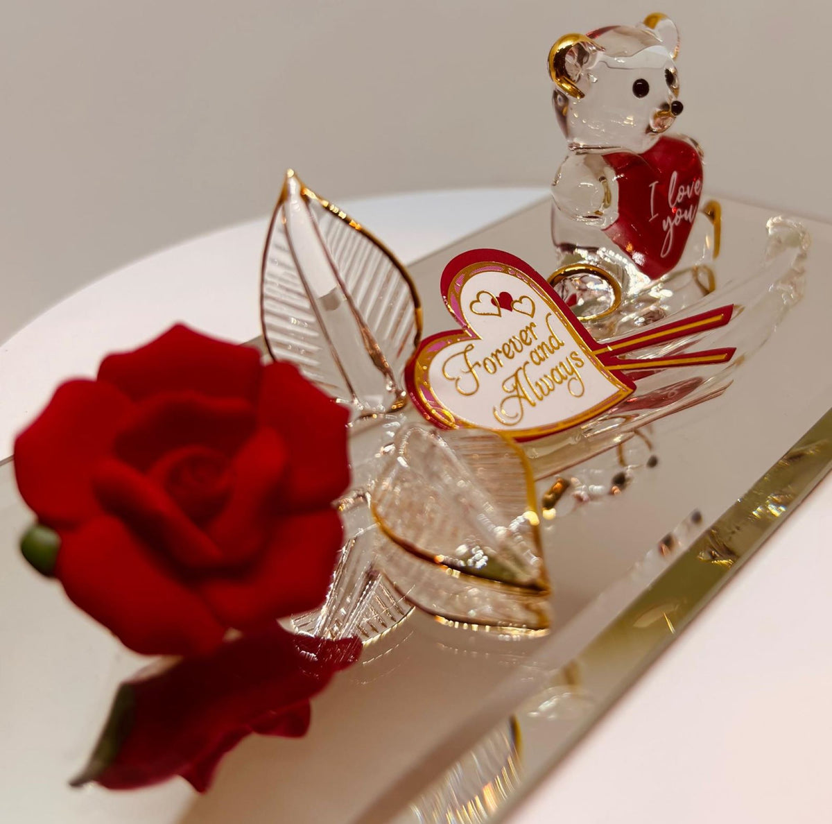 Rose and Bear Figurine Handcrafted Romantic Gift, Anniversary Decor