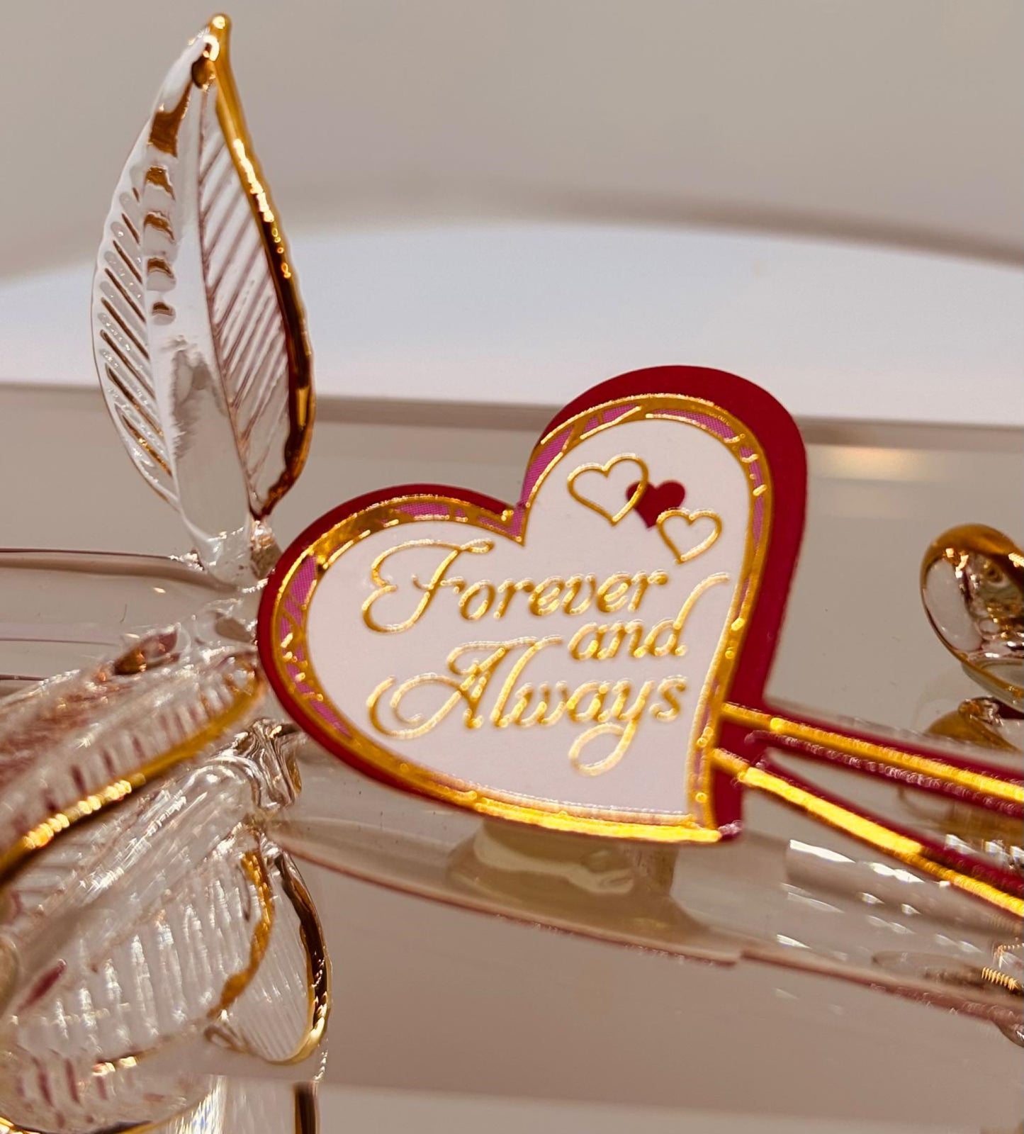 Glass Bear Figurine with Red Rose on Mirror Forever and Always I Love You Gift