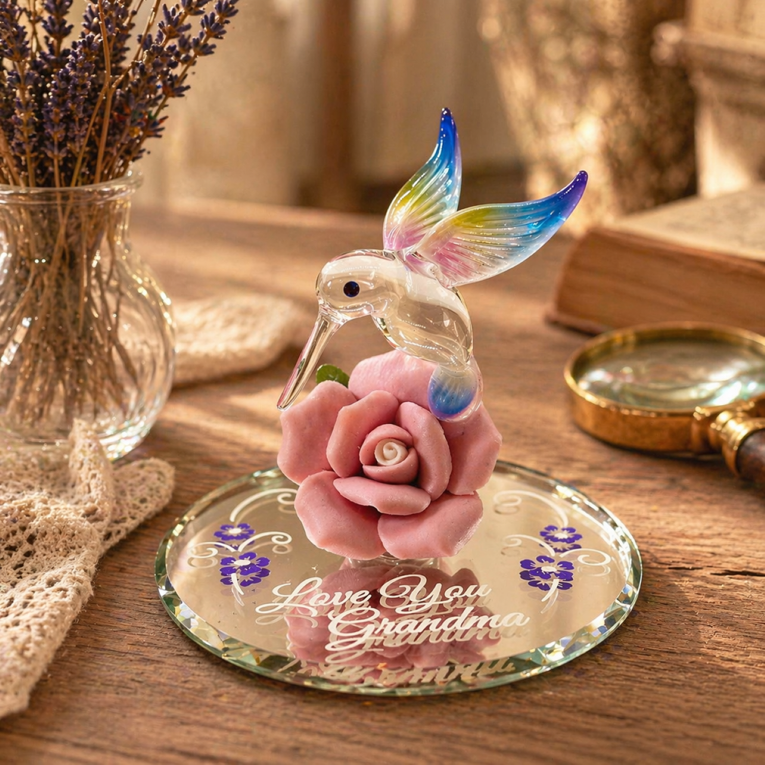 hummingbird glass figurine pink rose love you grandma engraved mirror base keepsake gift decor