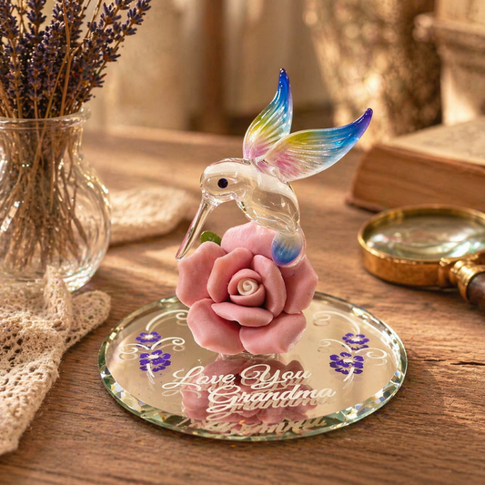 hummingbird glass figurine pink rose love you grandma engraved mirror base keepsake gift decor