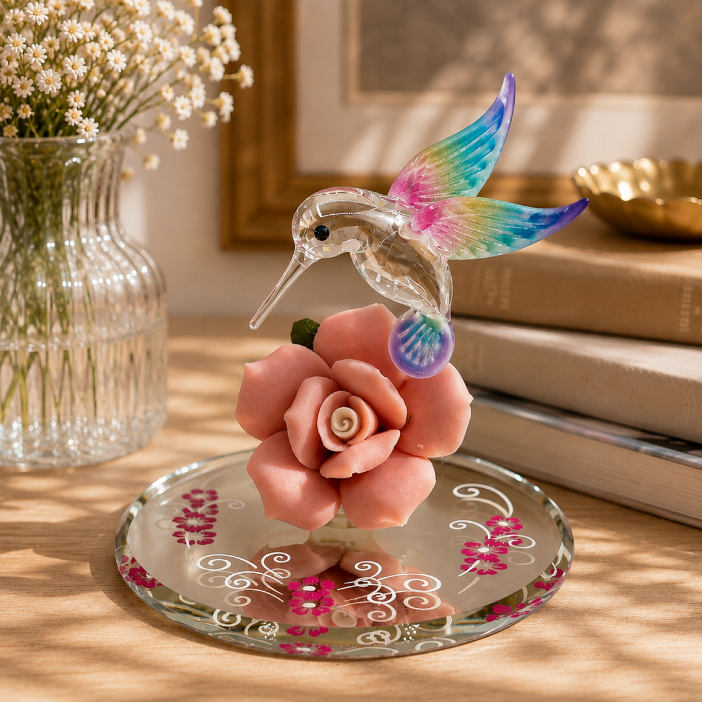 Hummingbird Glass Figurine on Pink Rose, Handcrafted Bird Decor, Crystal Accent Gift, Nature Lover Gift, Home Display