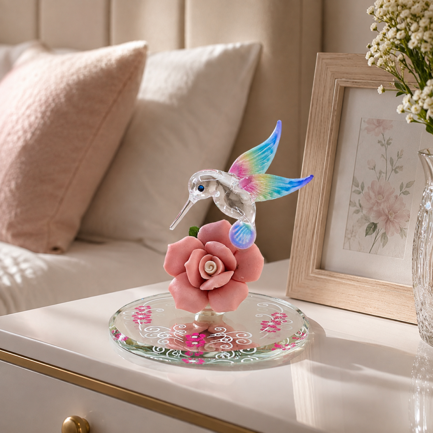 Handcrafted glass hummingbird perched on a pink porcelain rose with genuine crystal accents on a beveled glass mirror.