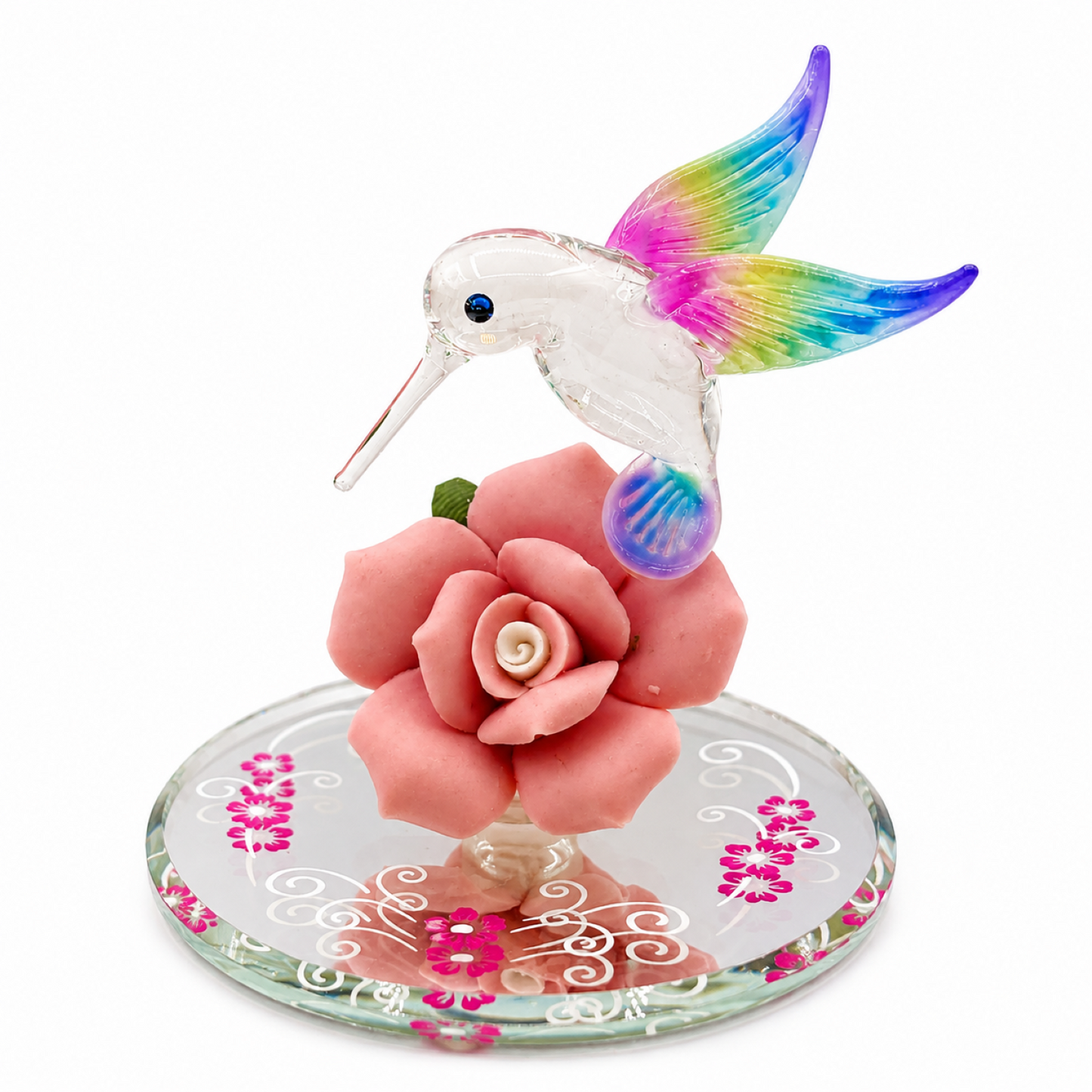 Hummingbird Glass Figurine on Pink Rose, Handcrafted Bird Decor, Crystal Accent Gift, Nature Lover Gift, Home Display