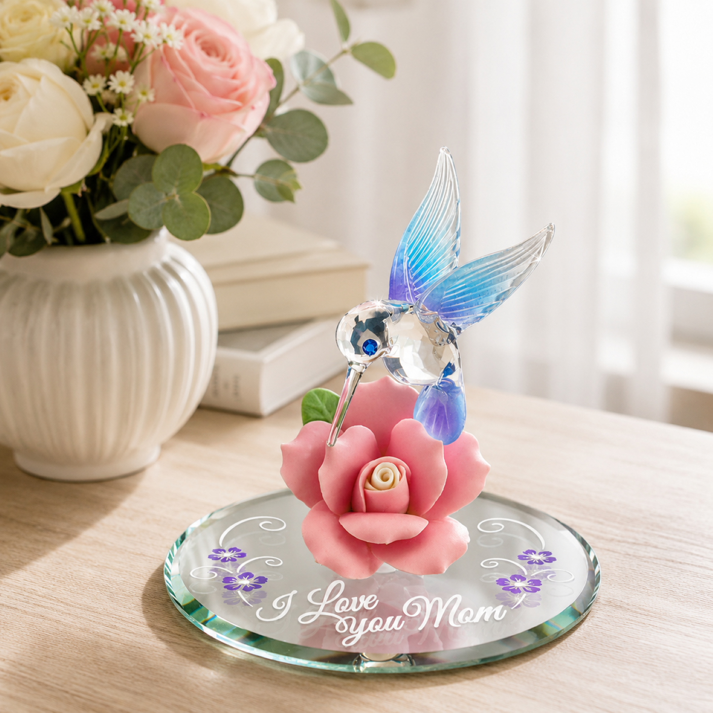 Hummingbird Figurine with Pink Rose, I Love You Mom Gift, Mother’s Day Gift