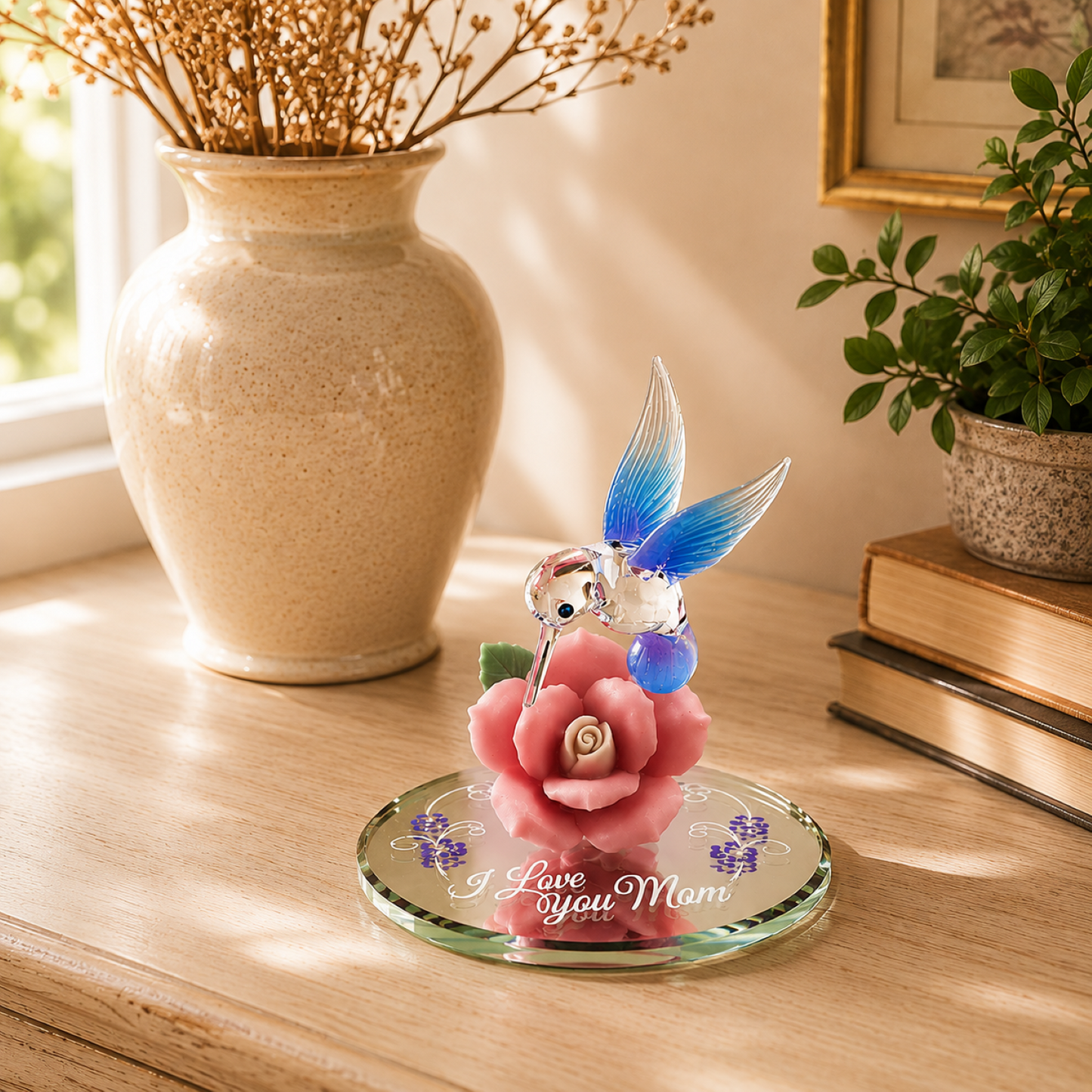Hummingbird Figurine with Pink Rose, I Love You Mom Gift, Mother’s Day Gift