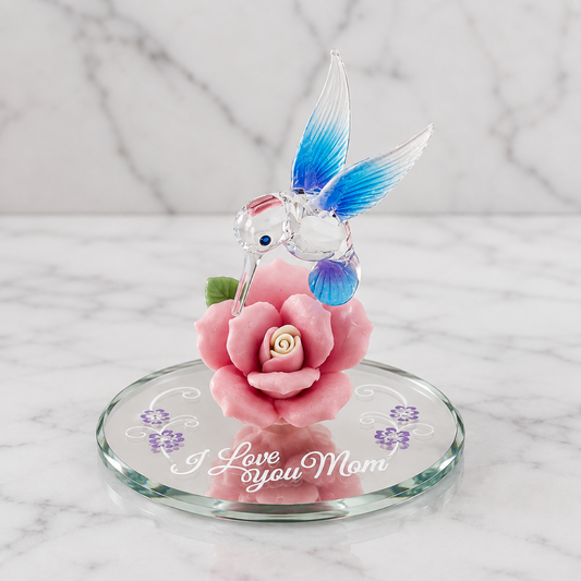Handcrafted hummingbird figurine perched on a pink porcelain rose with crystal accents and “I Love You Mom” embossed on a beveled glass mirror.
