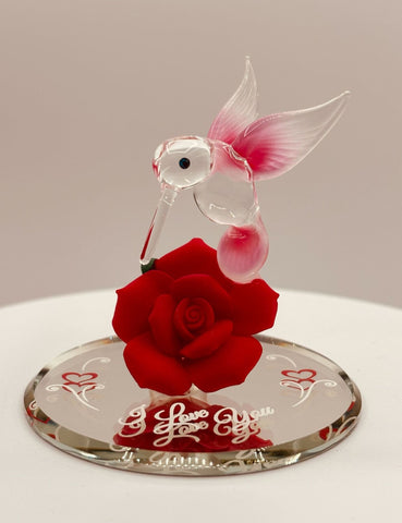 Hummingbird I Love You figurine on red porcelain rose