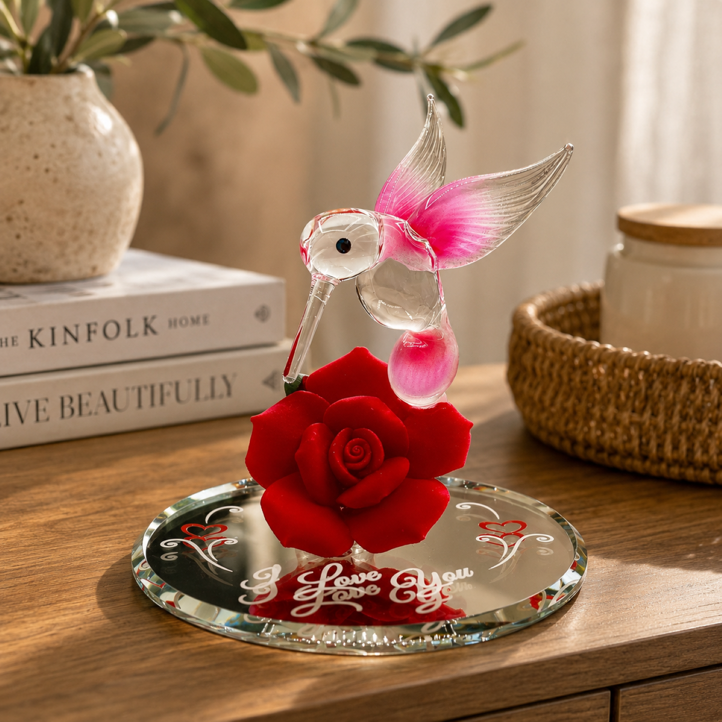Hummingbird Rose Glass Figurine Gift | Romantic I Love You Valentine Decor