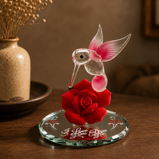 Handcrafted hummingbird figurine perched on a red porcelain rose with I Love You message on beveled mirror base.