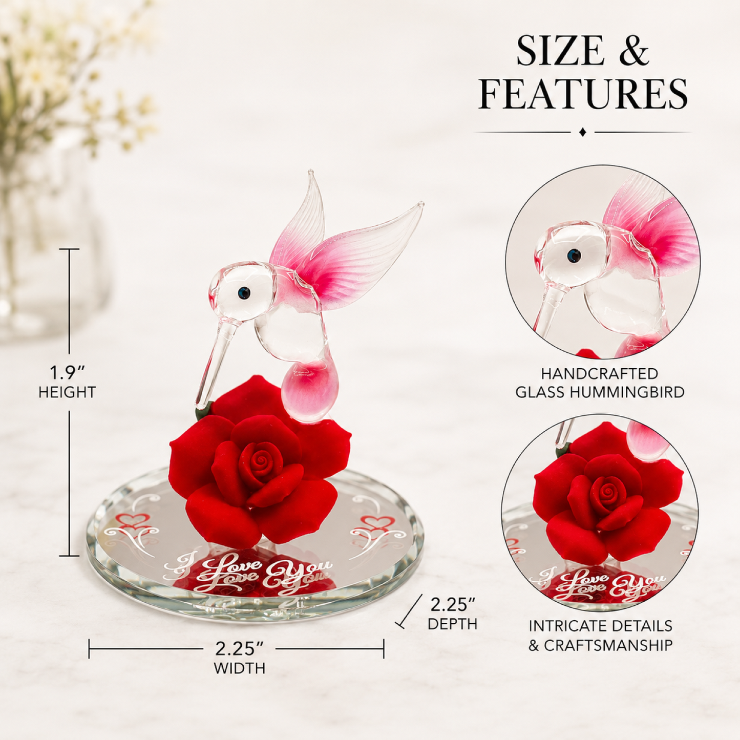 Hummingbird Rose Glass Figurine Gift | Romantic I Love You Valentine Decor