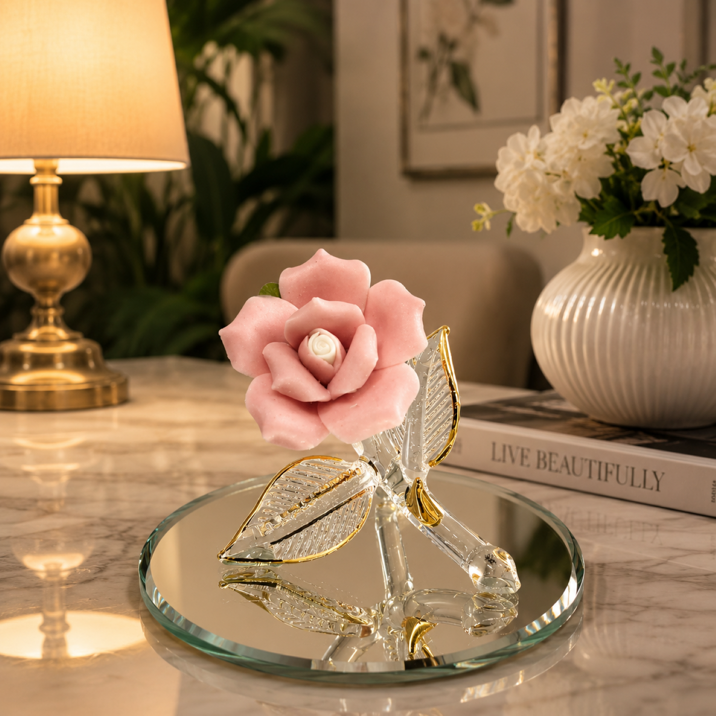 Glass Pink Rose Figurine – Handcrafted Glass Rose, Rose Gift, Floral Home Decor, Romantic Gift