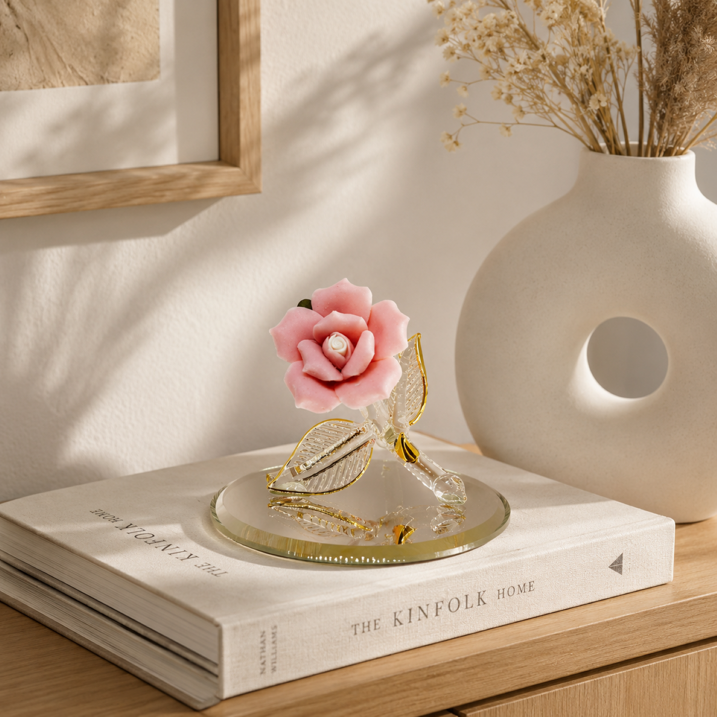 Glass Pink Rose Figurine – Handcrafted Glass Rose, Rose Gift, Floral Home Decor, Romantic Gift